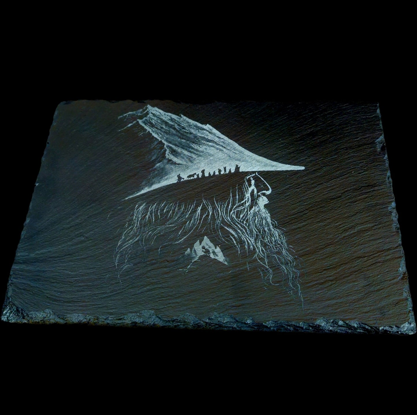 Personalized Engraved Black Slate Art Board – Mystical Mountain Wanderer Design